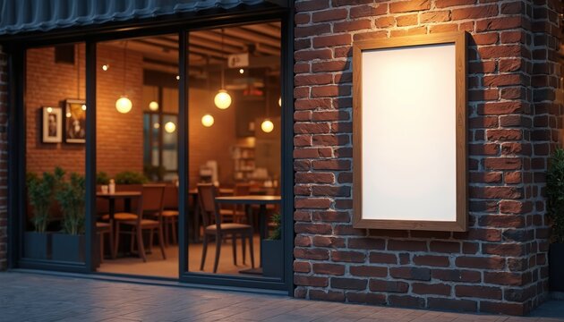 Vertical blank paper poster stands outside cafe bar facade. Empty white advertising banner template hangs on brick wall. Mockup ideal for advertising new menu promo. Evening scene with storefront.