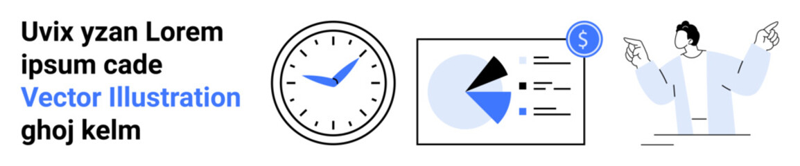Wall clock, pie chart with financial data, and a presenter explaining insights. Ideal for time management, productivity, business strategy, data analytics, finance, teamwork simple landing page