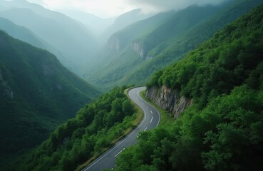 Aerial view of asphalt road winding through mountain green forest. Scenic landscape with curve highway road through trees. Nature travel background, road trip concept. Countryside path on mount slope.
