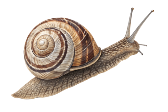 Close-up of a snail with a spiral shell crawling on a white background.