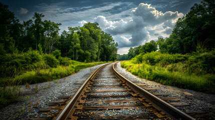 Fototapeta premium Embarking on a Serene Journey: A Scenic, Curving Railway Track Amidst Lush Greenery