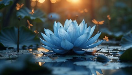 Serene Blue Lotus Flower at Sunset Water Reflection