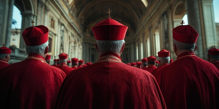 Group of red-robed Catholic cardinals gathered for the conclave.