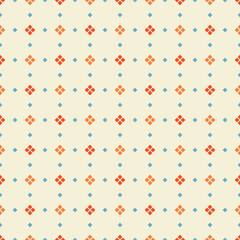 Simple and repeating geometric pattern featuring small colorful squares arranged as diamonds, creating a clean and modern design
