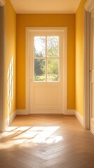 A warm and inviting hallway features rich yellow walls and a white door. Sunlight streams in, casting soft shadows on the wooden floor, highlighting the peaceful outdoors beyond