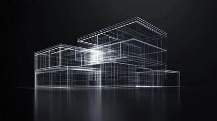 Modern house wireframe design, digital illustration, architectural visualization