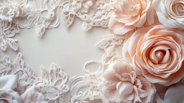 A vintage-inspired wedding invitation with a textured parchment-like background. Soft white lace patterns decorate the upper corners, while muted pink and peach roses frame the bottom. The center rema