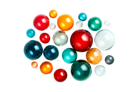 Colorful glass orbs on clear backdrop