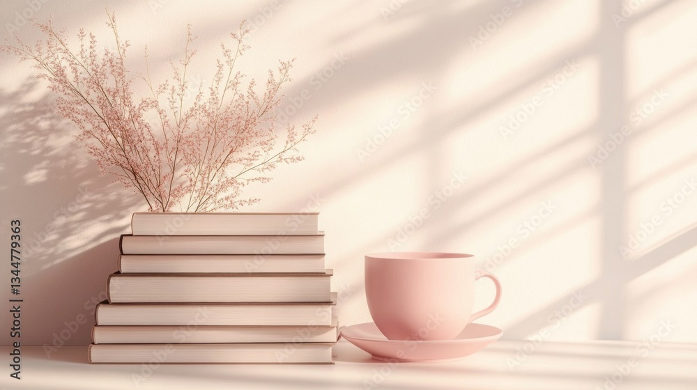 Poster Sunlight filters through, casting gentle shadows across a tranquil space featuring a stack of books and a soft pink cup with a matching saucer, complemented by delicate dried flowers