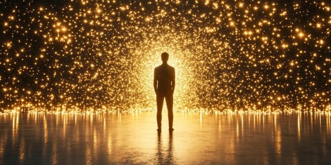 Fototapeta premium A person stands before a luminous tunnel of golden light