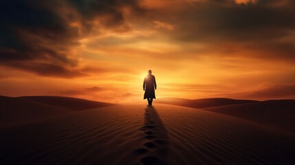 A man walking in the sand following God. Religious theme concept, with a Beautiful Sunny Sky View.