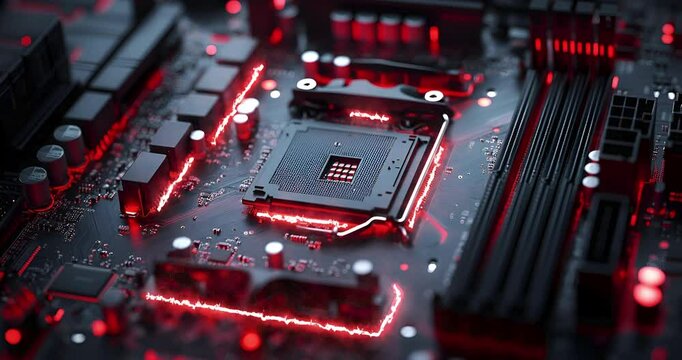 Abstract motherboard with CPU and radio parts. Luminous signals going through the conductors.