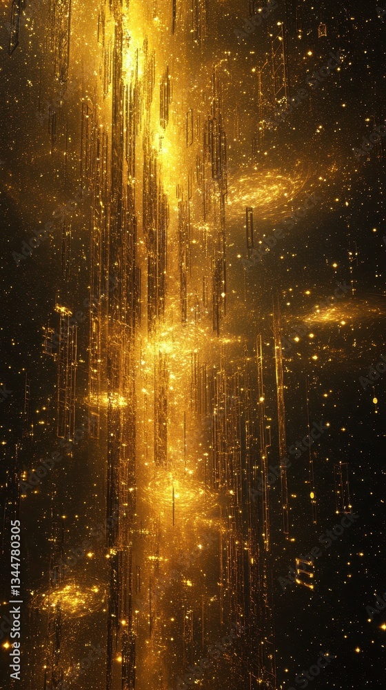 Wall mural glowing golden lights create an abstract pattern with dark background details