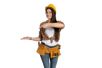 Naklejka premium Female construction worker presenting with one hand