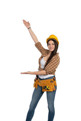 Naklejka premium Female construction worker presenting an empty space