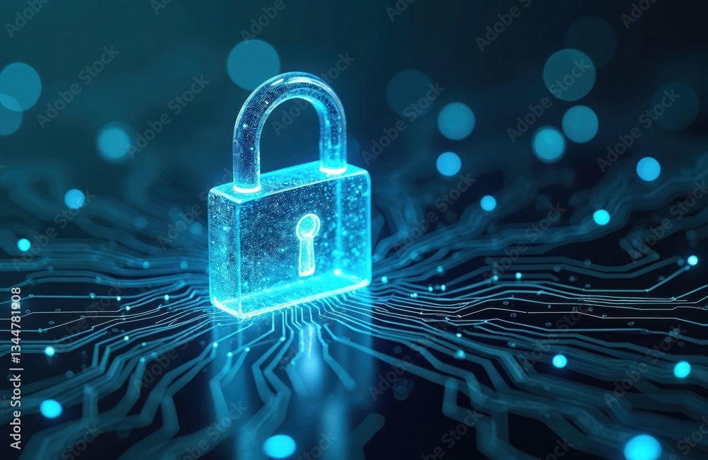 Poster digital cyber security padlock on tech network secures data. private information locker created, blu