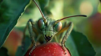 A Praying Mantis Perched on a Red Apple in Nature