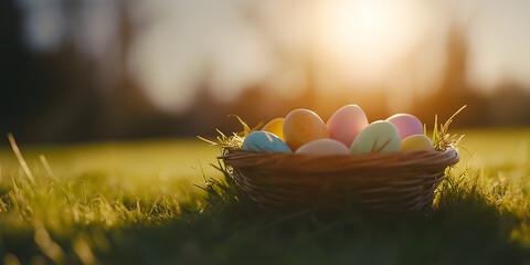A Basket of Easter Joy Colorful Eggs in a Sunlit Meadow