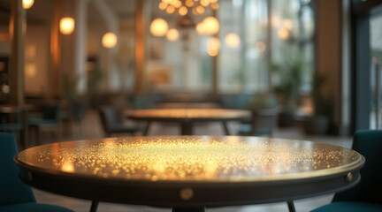 round table in a restaurant with golden sparkles on its surface