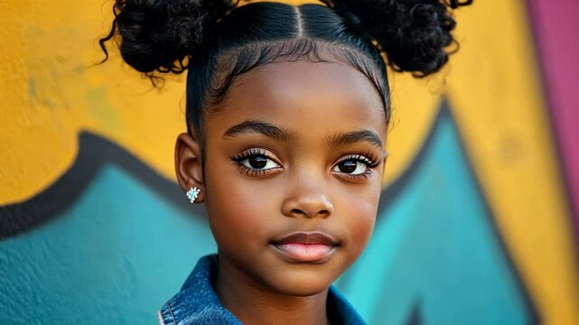 Young Black girl smiling in colorful urban setting, symbolizing childhood joy and cultural diversity, relevant for Children's Day