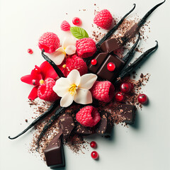 On a white background, raspberries, chocolate pieces and vanilla flowers, everything is very elegant and aesthetically very beautiful