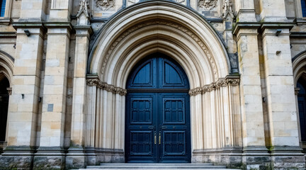 Obraz premium majestic blue double door in an arched entrance of a historical stone building