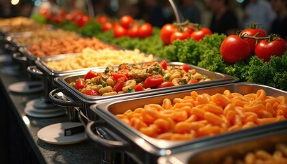 Obraz premium Catered buffet spread in evening with pasta, fresh vegetables. Tomatoes, salad, variety of colorful dish selection. Healthy meal preparation, culinary feast, savoury cuisine presentation for crowd.