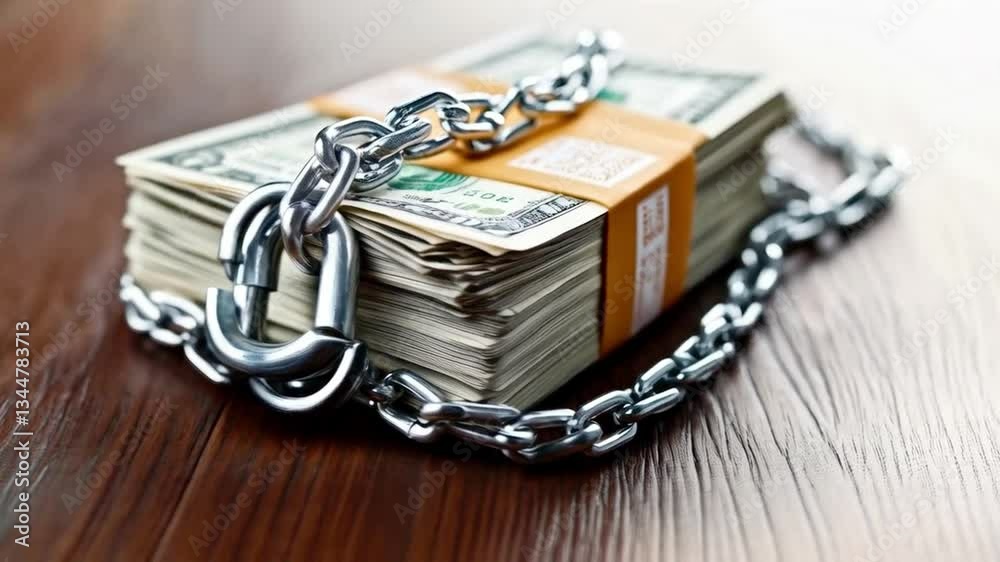 Poster stacks of cash secured with a heavy chain and padlock, symbolize the importance of banking security 