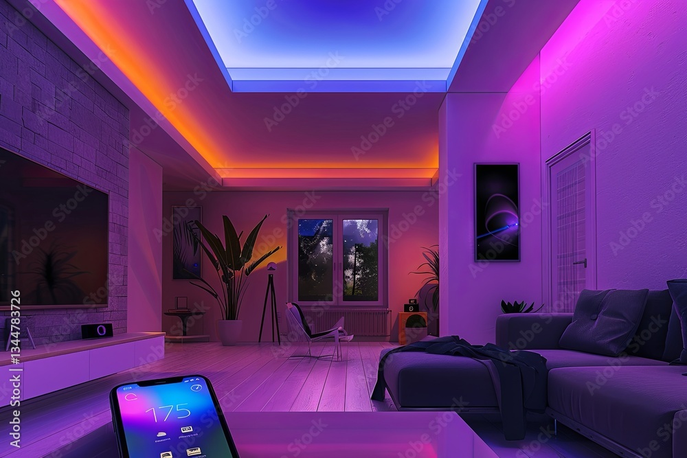 Poster Room with advanced smart lighting features and smartphone control creating a vibrant, inviting atmosphere Generative AI