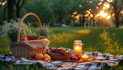 Romantic picnic setup with basket, fruits, candles on blanket in sunset park