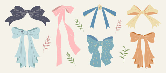A set of colorful bows with ribbons. For making invitations to weddings, birthdays, bachelorette parties, and holidays. Girly vector illustration.