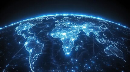 Fototapeta premium Global network map. World map with glowing lines and city lights depicting international connectivity, global communication, and international trade.
