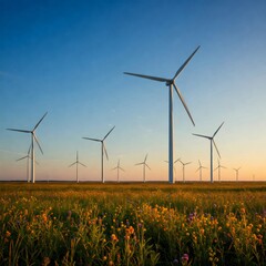 Wind turbines generating clean energy in a blooming field at sunset