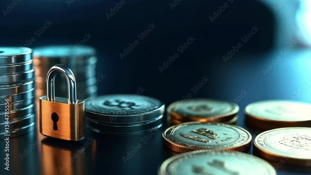 Poster a padlock is positioned prominently next to stacks of coins, symbolizing security in financial trans