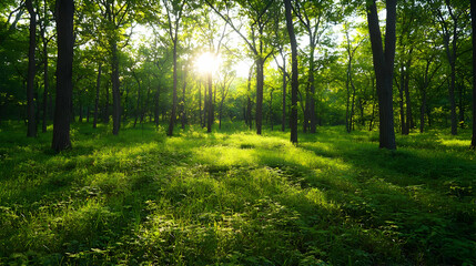Obraz premium Sunlit Forest Landscape Featuring Lush Green Vegetation and Dense Tree Canopy