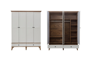 Modern Wooden Wardrobe Collection with Two-Tone Design - White and Natural Oak Bedroom Armoires with Open Shelving and Closed Cabinet Storage for Contemporary Homes