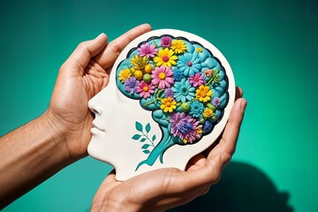 pair of hands gently holding a stylized representation of a human head in profile with the brain vividly illustrated in vibrant colors