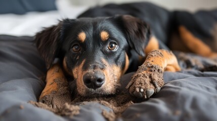 Happy Muddy Dog Lying on a Bed with Dirt Covered Paws in a Home Interior