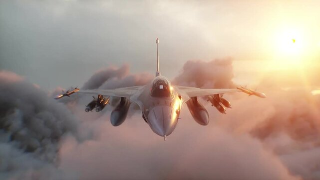 Military fighter jet F-16 flying over clouds. Air force.