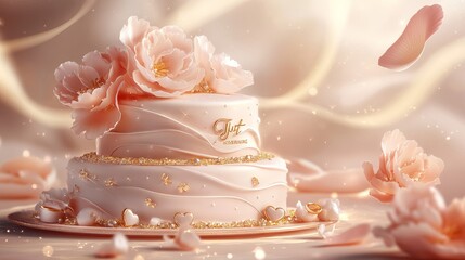 A beautifully decorated engagement cake with elegant floral patterns, gold accents, and a delicate 'Just Engaged' topper. The cake is a two-tiered masterpiece with soft pastel colors, surrounded by 