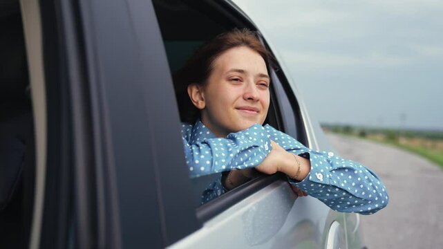 family girl car window, happy face woman smile, excitement nature traveling, auto journey holidays, laughter journey adventure, adventure seeker woman, escape route happiness, laughter holiday journey