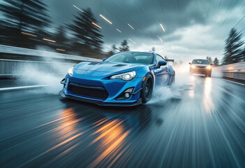 High-Speed Chase of a BlueCar Splashing Through Water with Stormy Background and Dynamic Motion