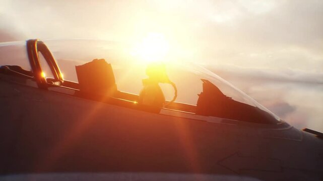 Military fighter jet F-16 flying over clouds. Air force.