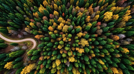 Fototapeta premium aerial view of a forest road in autumn