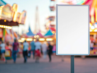 Obraz premium Blank billboard stands in front of a lively carnival with colorful lights and blurred crowd in the background during the evening