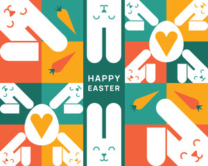 Colorful playful Happy Easter card in geometric style with bunnies, and eggs. Vector illustration.
