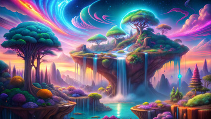 Obraz premium Psychedelic landscape with neon pyramid and floating waterfalls 
