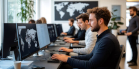 Programmers working intently at desks, typing on keyboards and viewing digital world map displays in modern, sunlit shared workspace