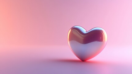 A Shiny Metallic Heart Lies Against a Pinkish Gradient Background