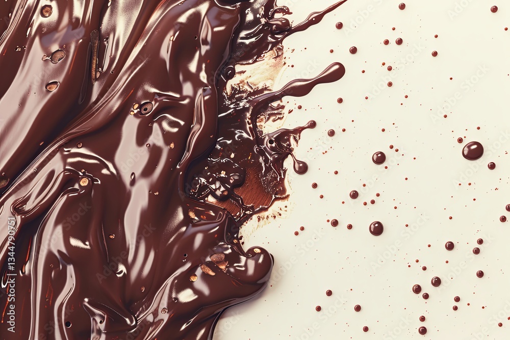 Poster melted chocolate droplets flowing on a cream surface with a glossy texture and rich dark color enhan